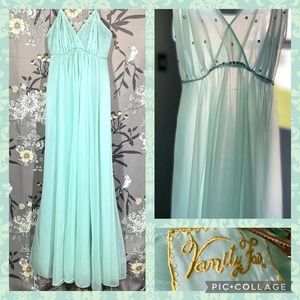 VTG Vanity Fair Sz 32 Long Peignoir Lace Night Gown Mint Aqua Blue W Rhinestones